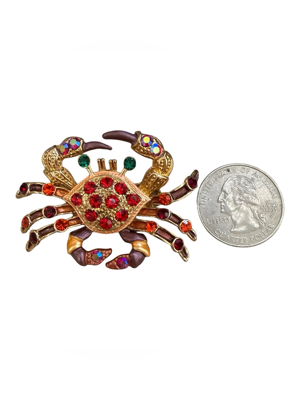 Gold-Tone Crystal Crab Brooch with Red & Orange Rhinestones